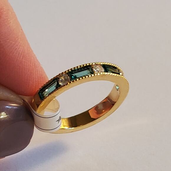 Anthropologie Brass over gold green stone Flat channel cut pattern ring Size 8 - Picture 10 of 11